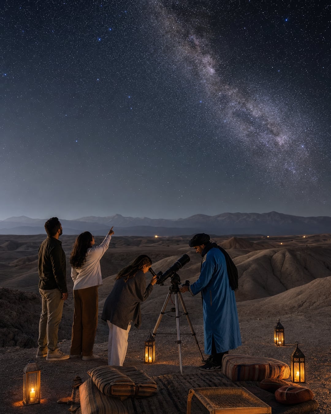 Travellers observing the Milky Way through a telescope in the Agafay Desert