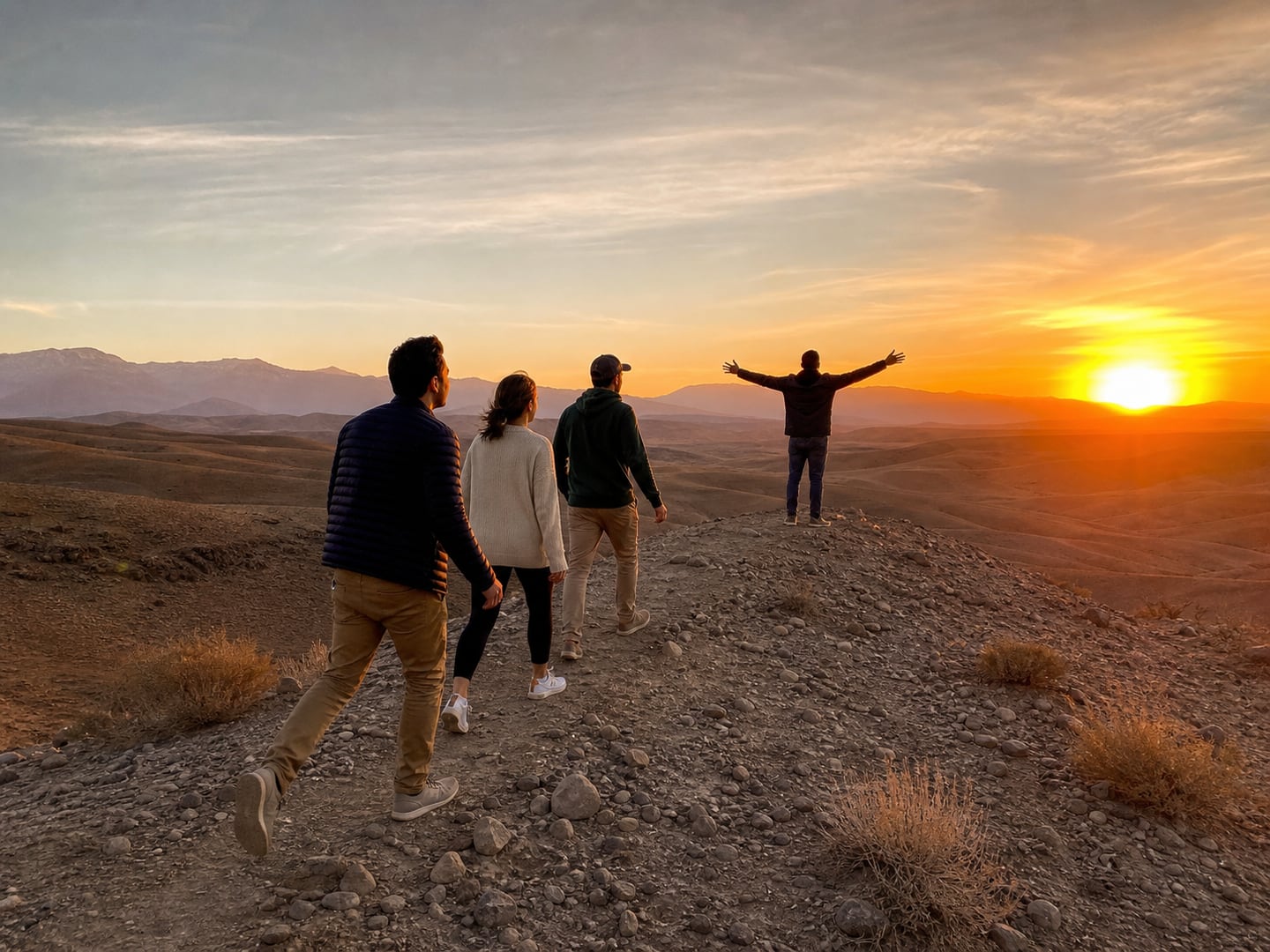 Travellers reaching a rocky Agafay ridge at sunset