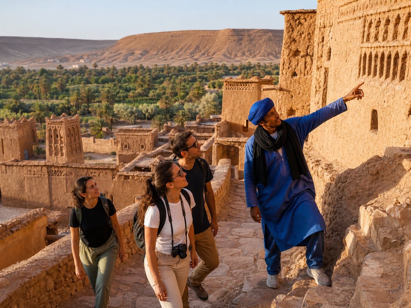 Travellers exploring ochre earthen architecture in the Ounila Valley