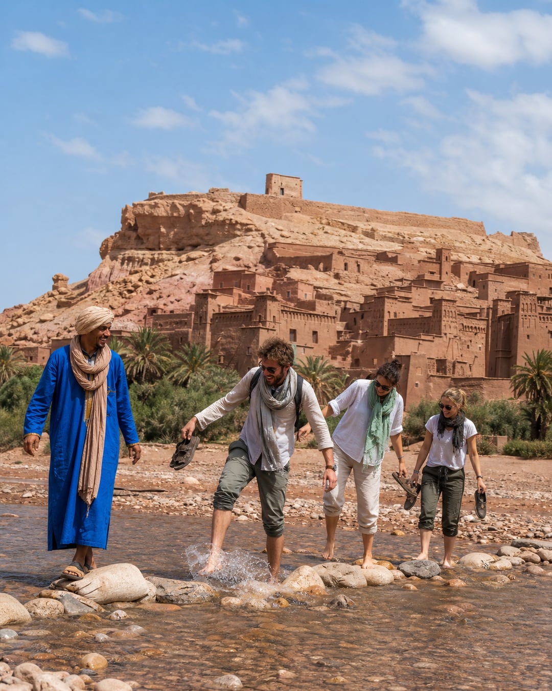 Travellers crossing the shallow river toward the earthen ksar of Ait Benhaddou