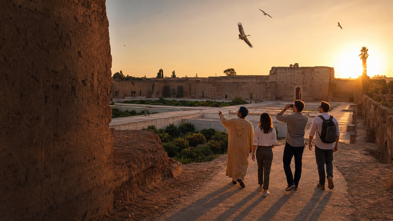 Travellers exploring the monumental ruins of El Badi Palace at sunset