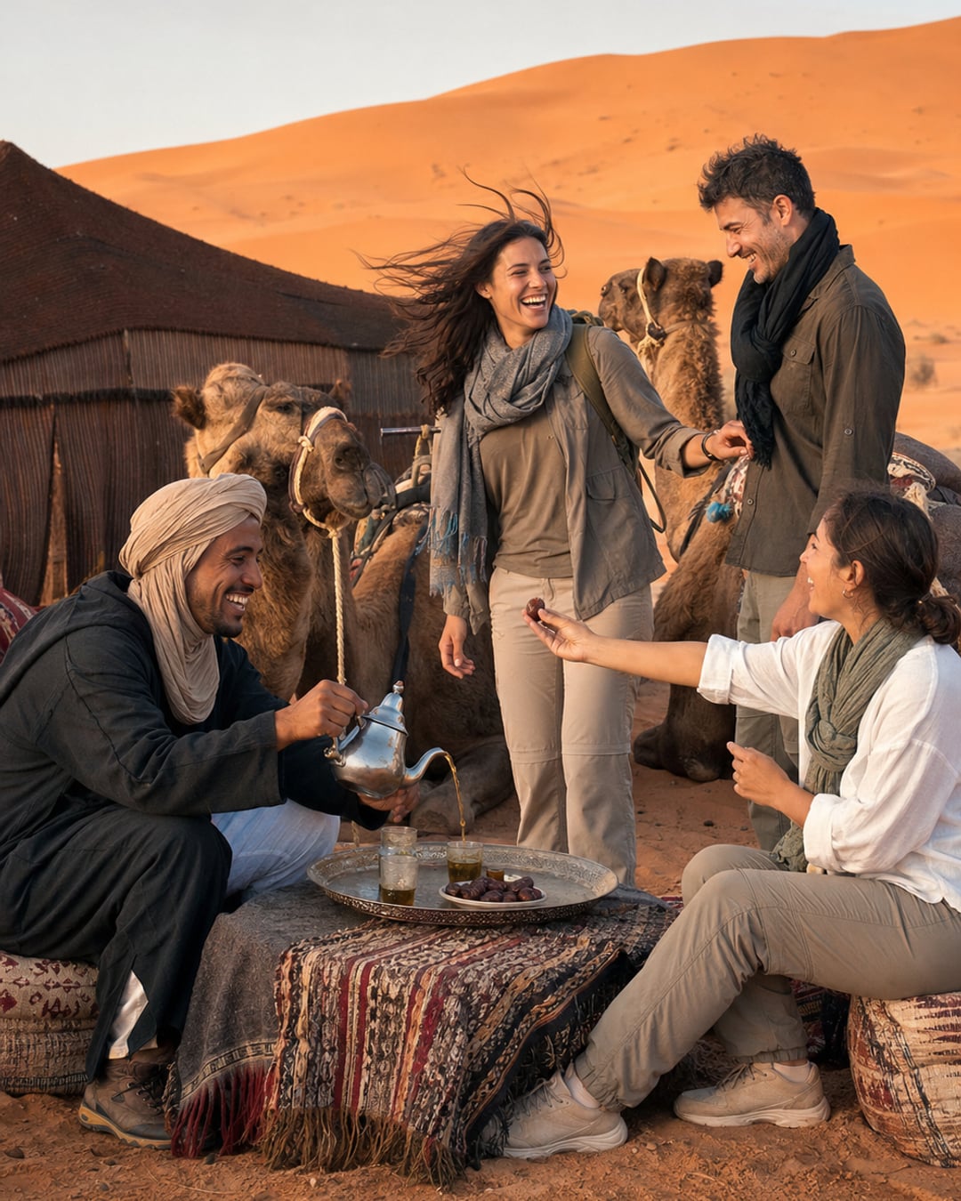 Travellers sharing mint tea beside dromedaries at an Erg Chebbi camp