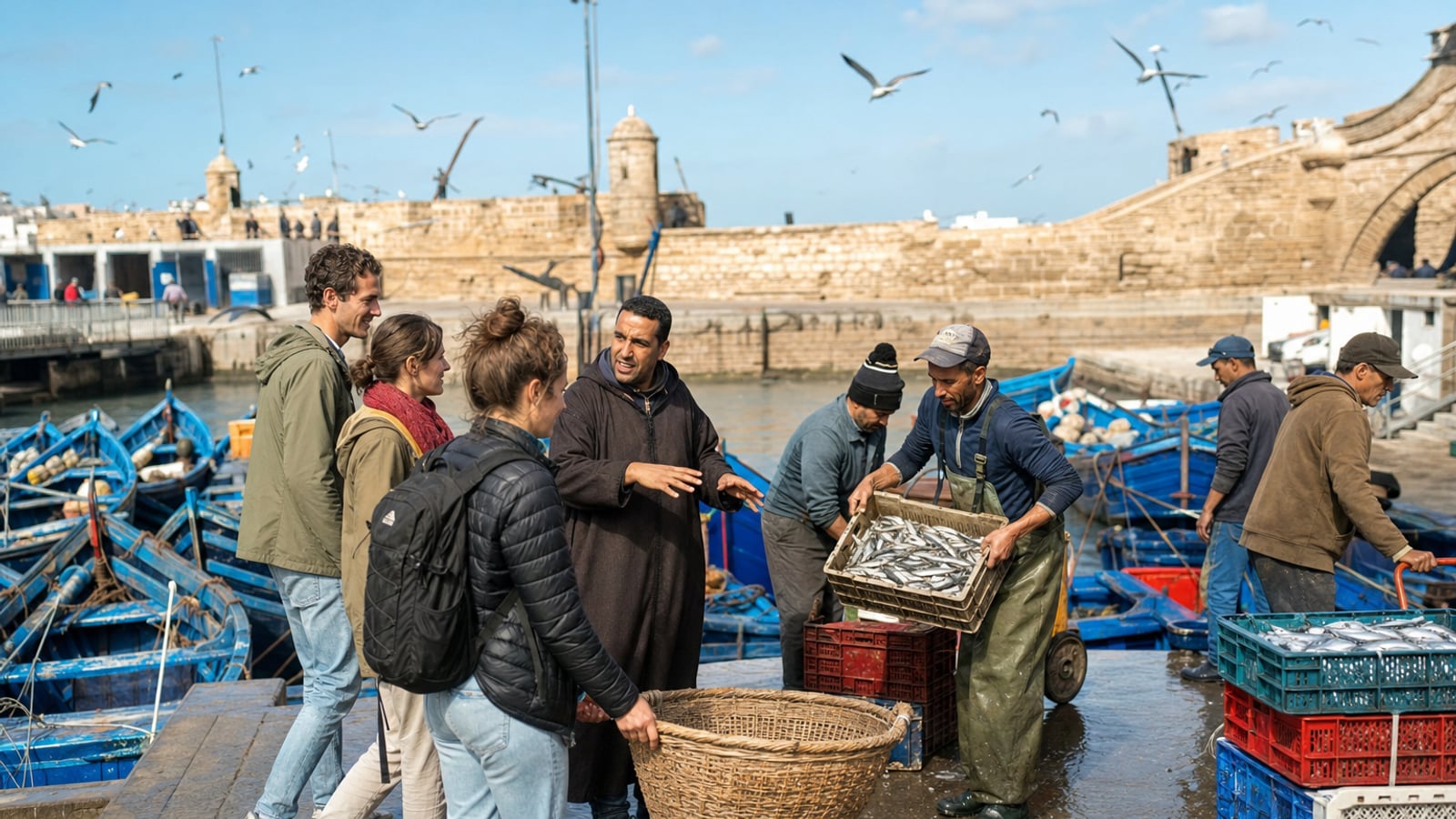 A guide introducing travellers to Essaouira's blue fishing boats and morning catch