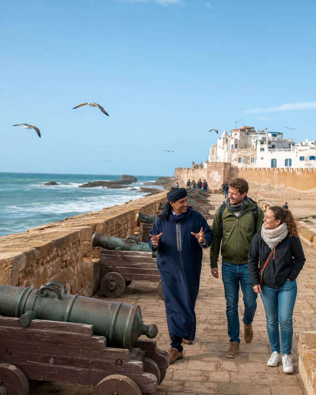 A local guide walking with travellers along Essaouira's oceanfront Skala ramparts