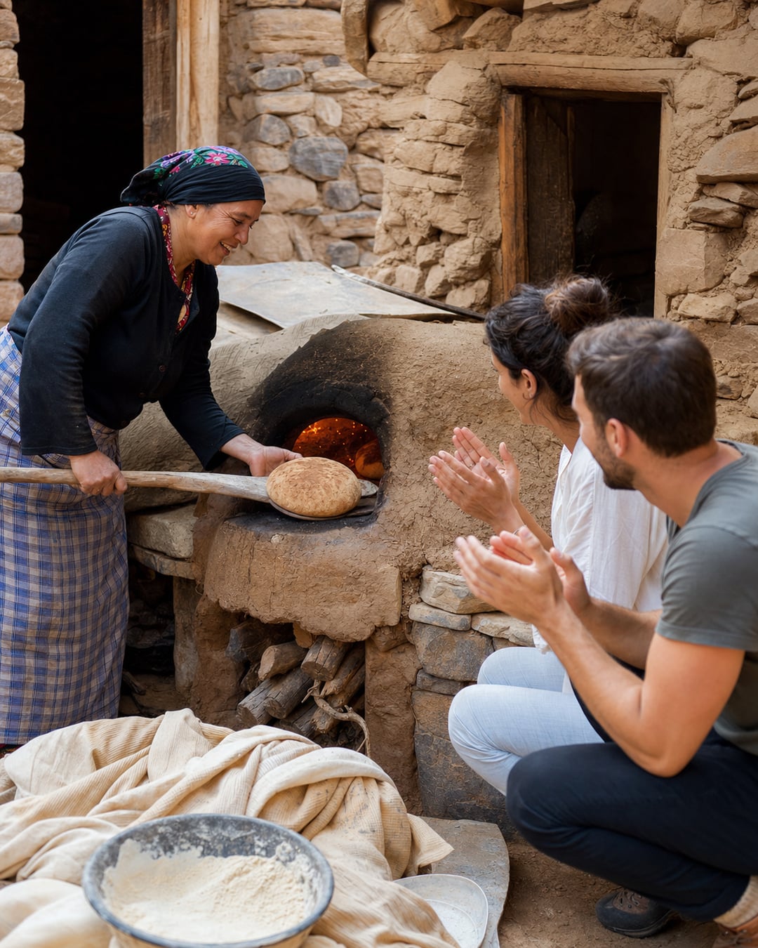 Travellers learning traditional bread baking with a host in a High Atlas village