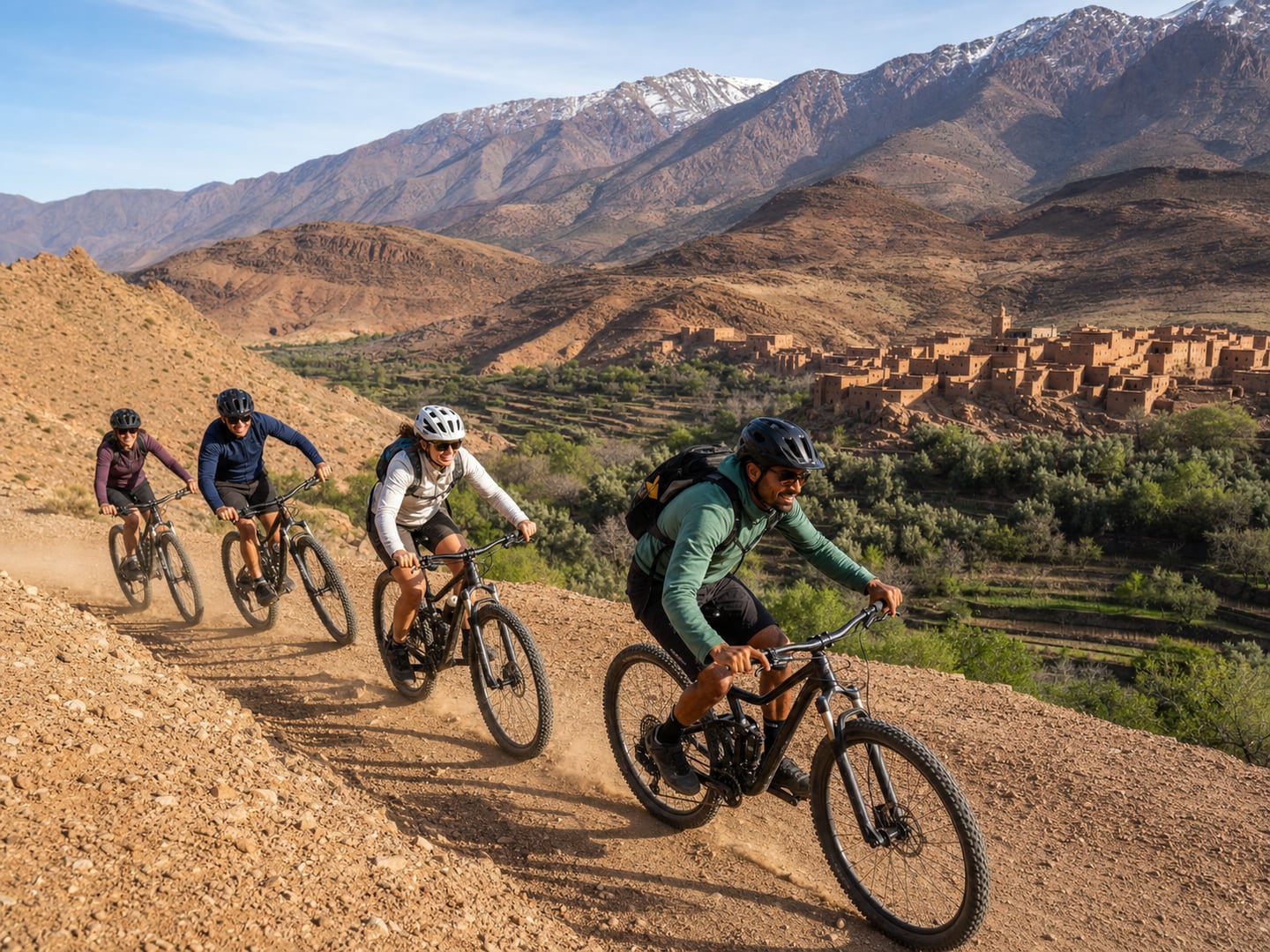 Helmeted cyclists following a High Atlas foothill trail above an ochre village