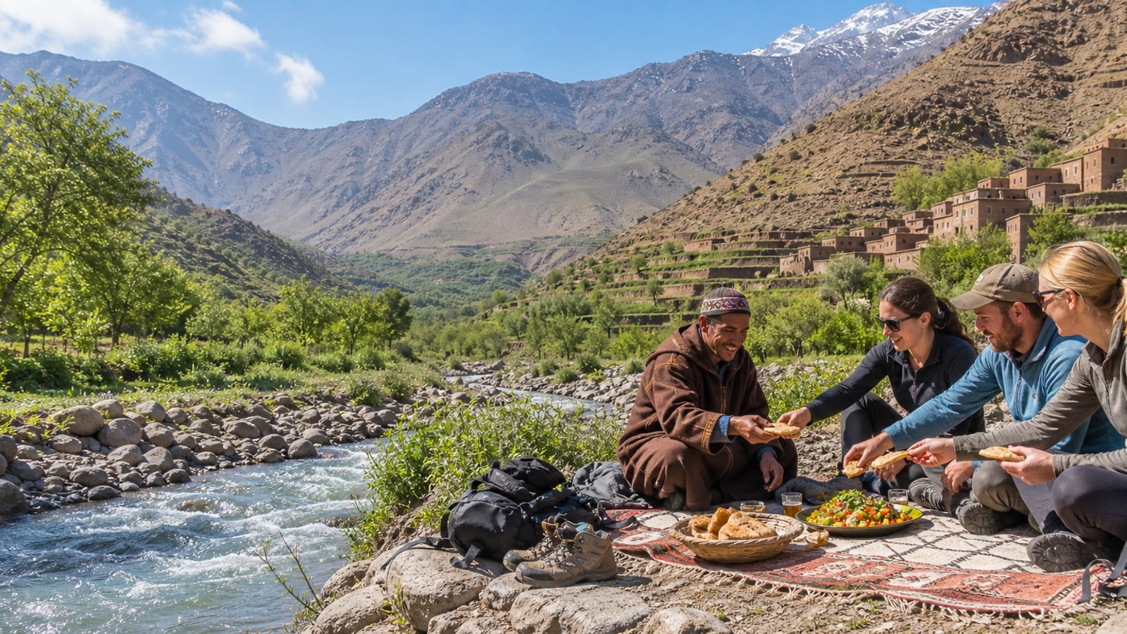 Travellers sharing a riverside picnic with a local host in the High Atlas