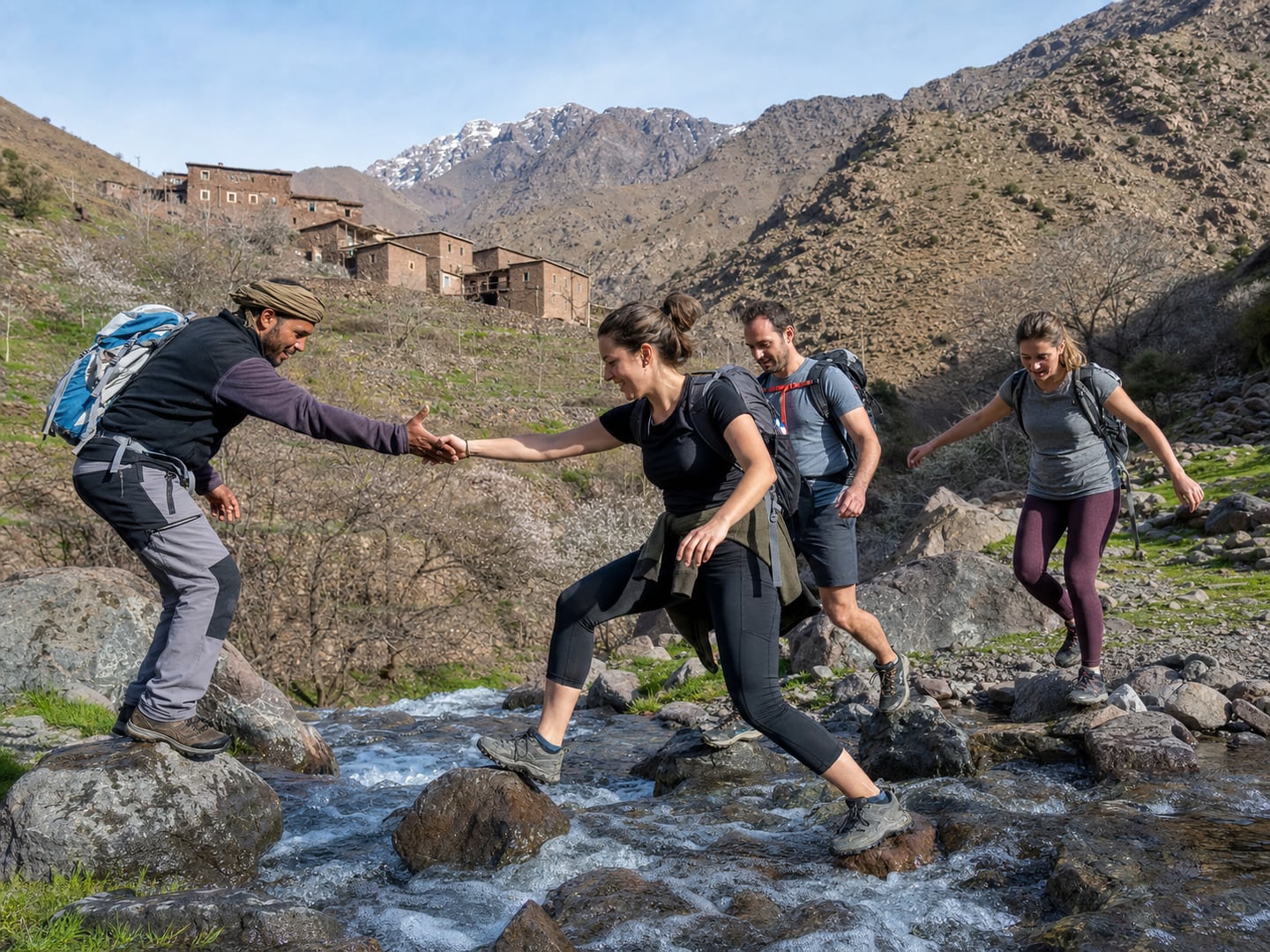 A local guide helping travellers cross a mountain stream in the High Atlas
