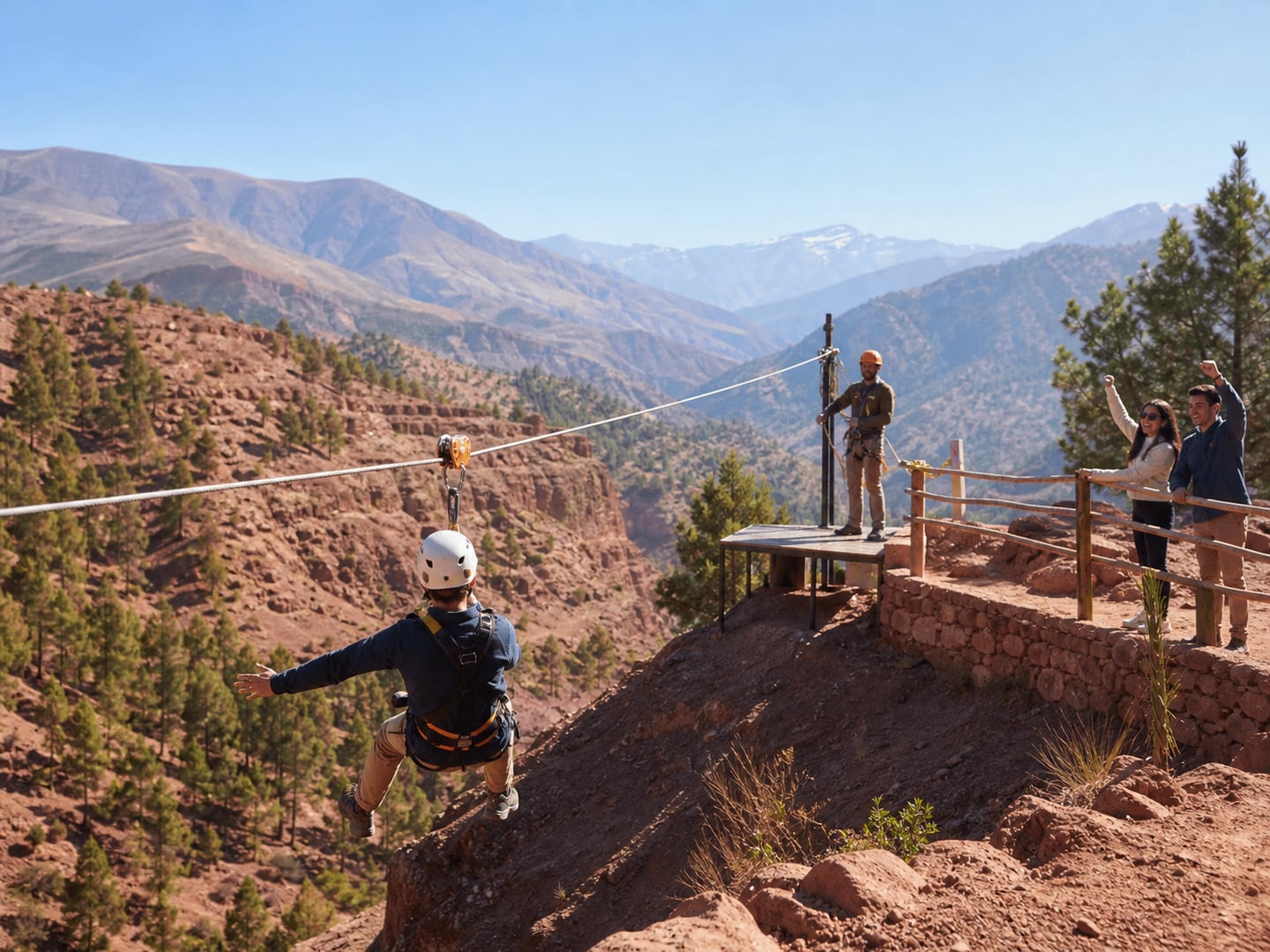 A harnessed traveller crossing a zipline in the High Atlas foothills