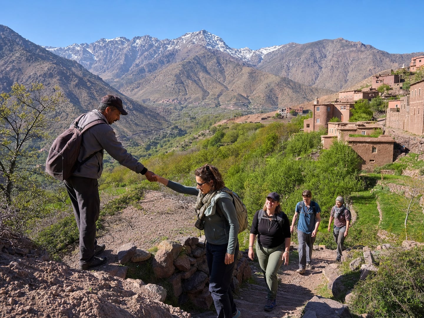 Hikers climbing a village trail in the High Atlas