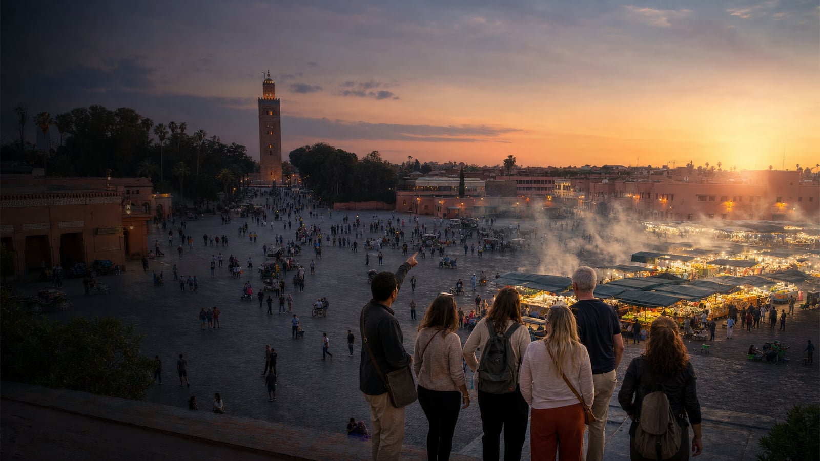 Travellers entering Jemaa el-Fnaa as the evening market comes alive