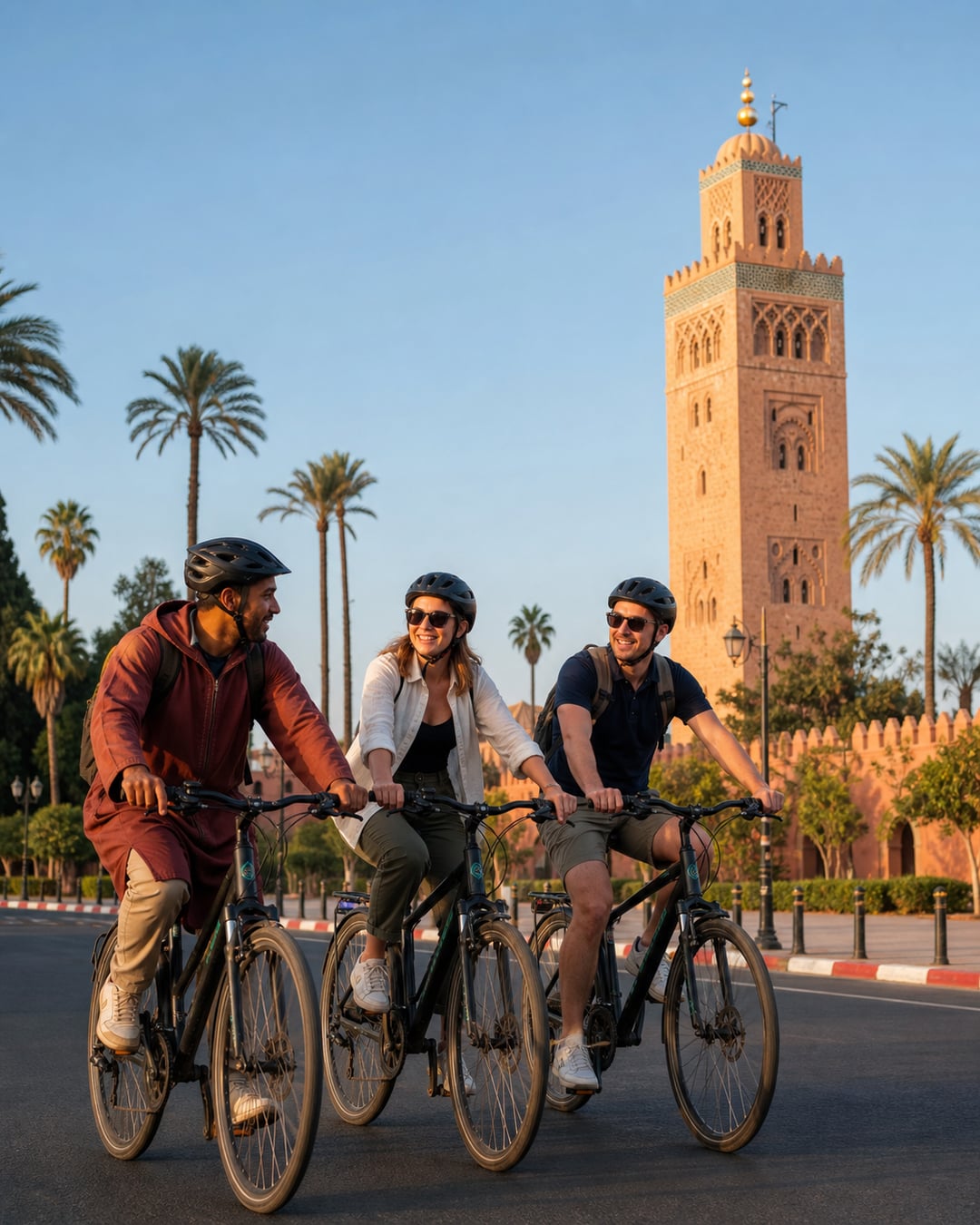 A helmeted local guide leading cyclists past the Koutoubia in Marrakech