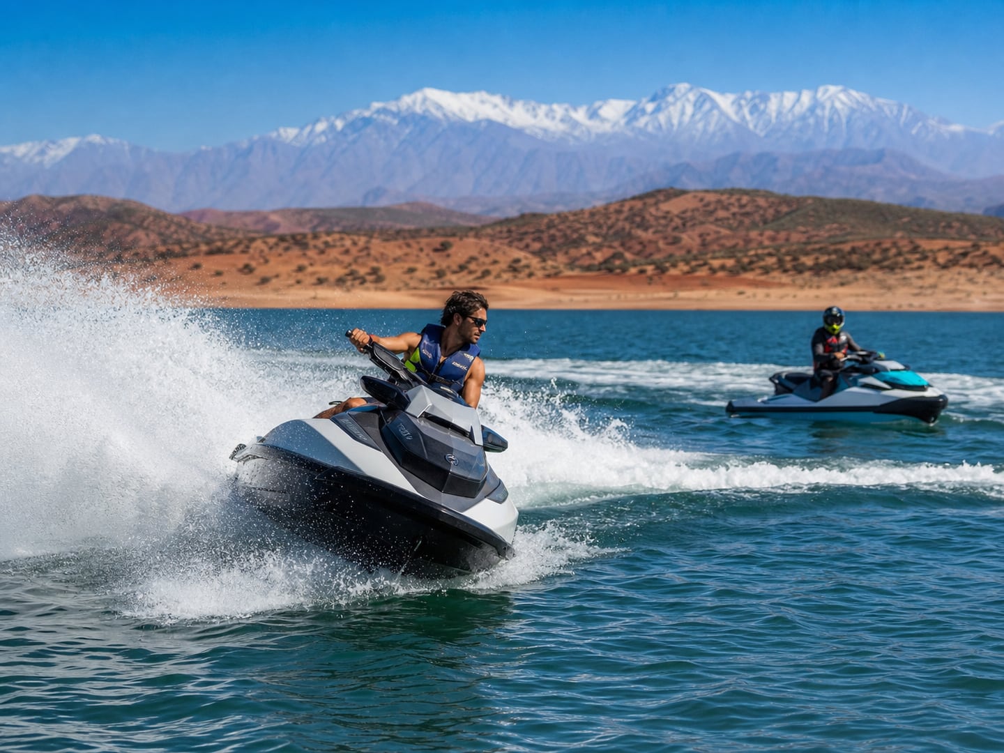 A life-jacketed jet-ski rider making a controlled turn on Lake Lalla Takerkoust