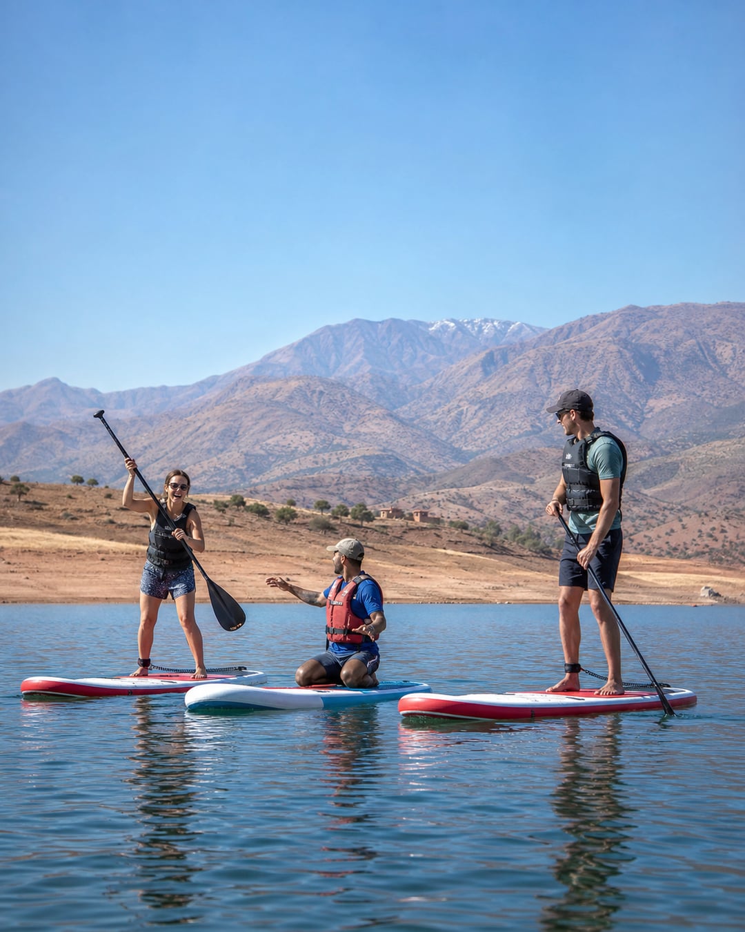 Life-jacketed travellers learning to paddleboard on Lake Lalla Takerkoust