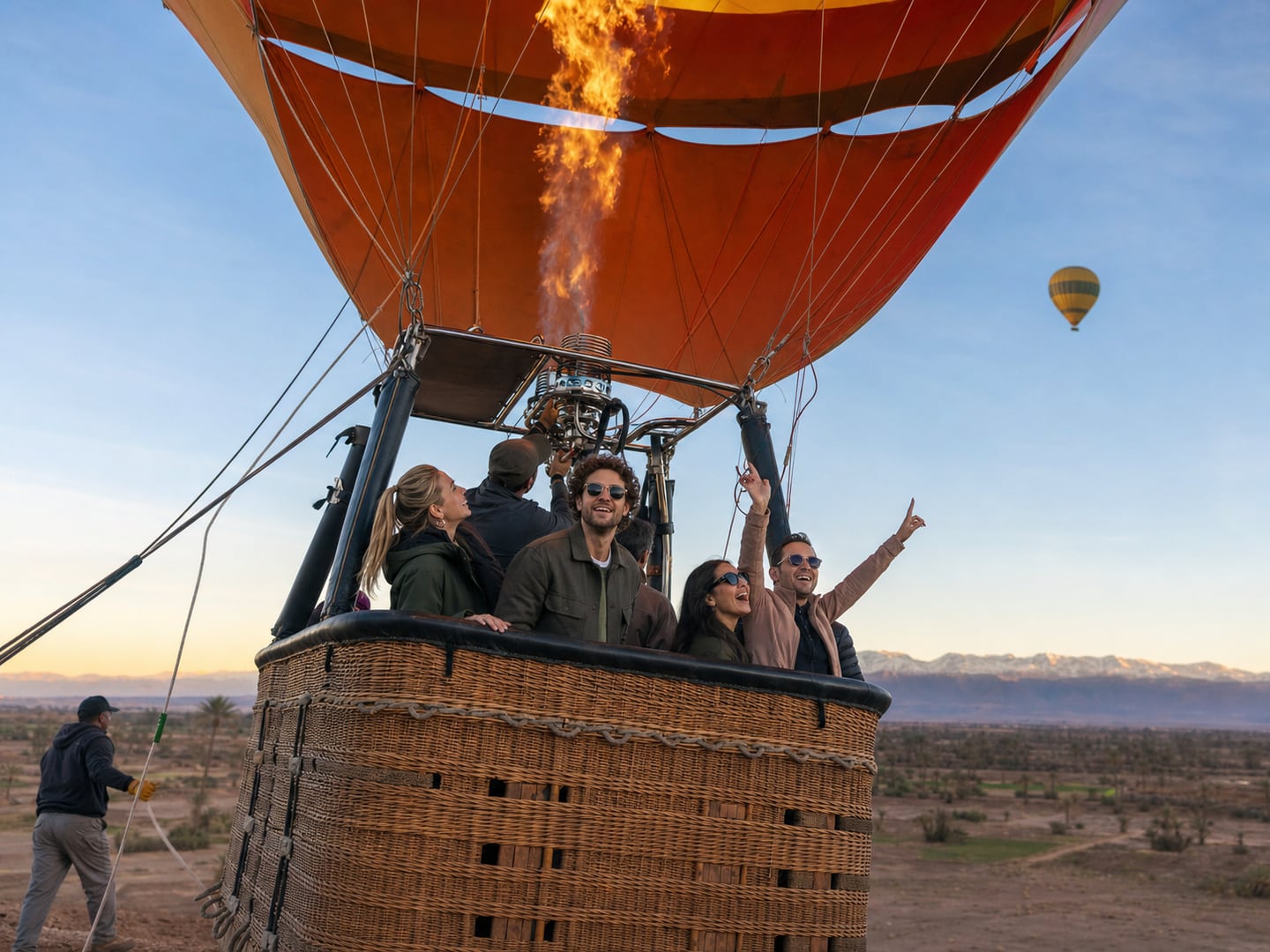 Travellers lifting off in a hot-air balloon outside Marrakech