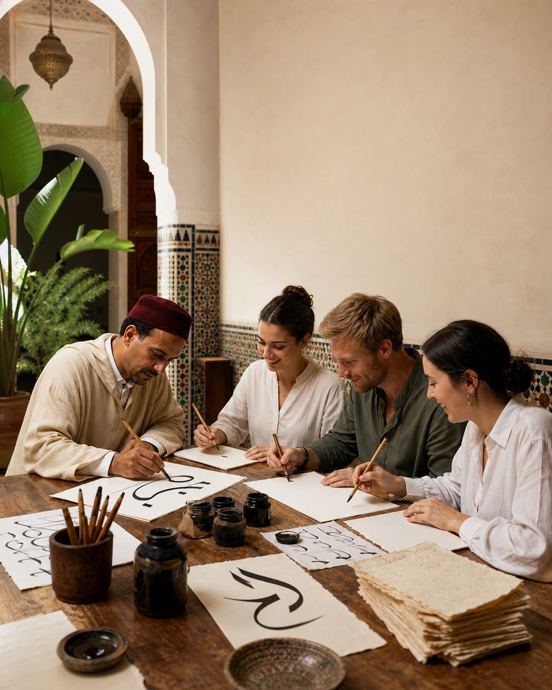 A calligraphy teacher guiding travellers through a hands-on ink workshop in Marrakech