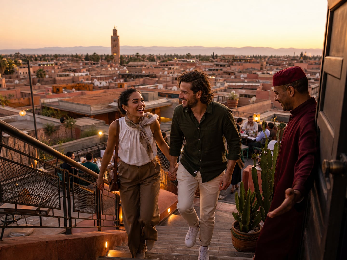 A couple arriving at a Marrakech rooftop at sunset
