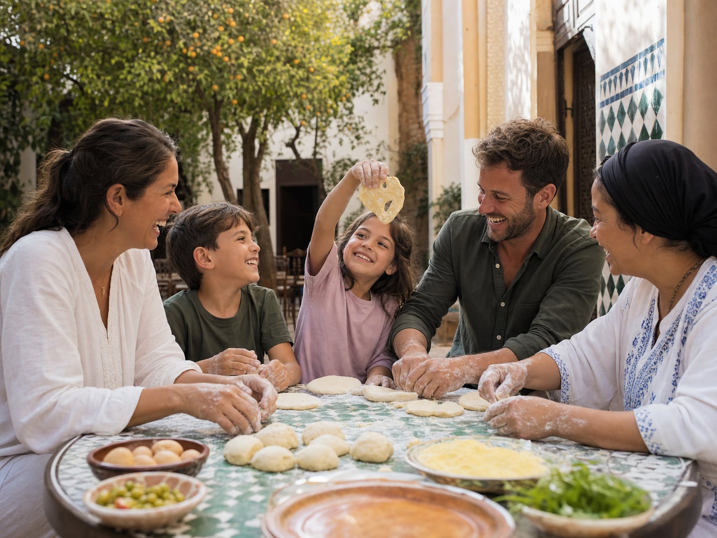 A family laughing together during a Marrakech cooking experience