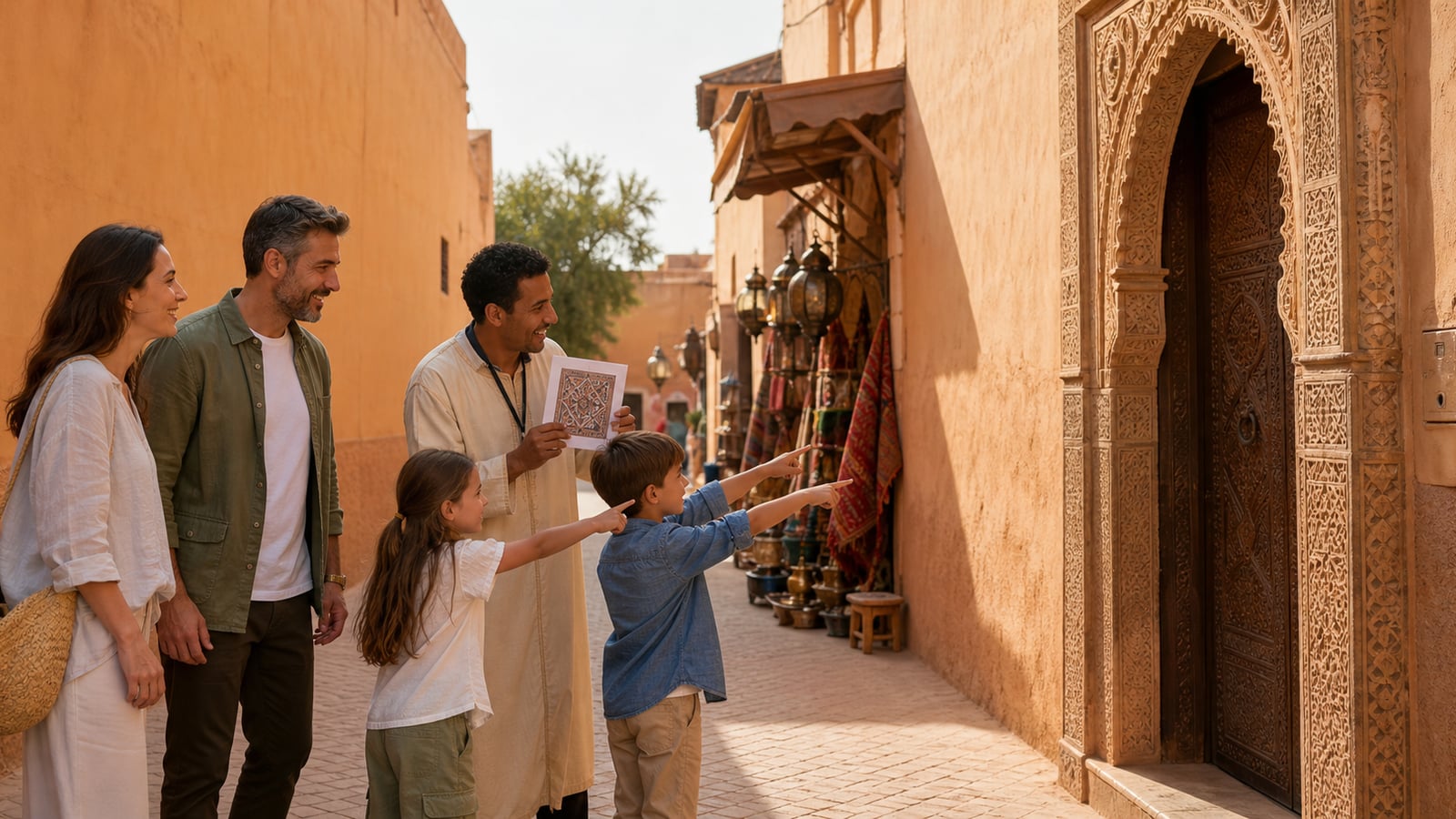 A Marrakech guide leading a family on a pattern discovery walk through the medina