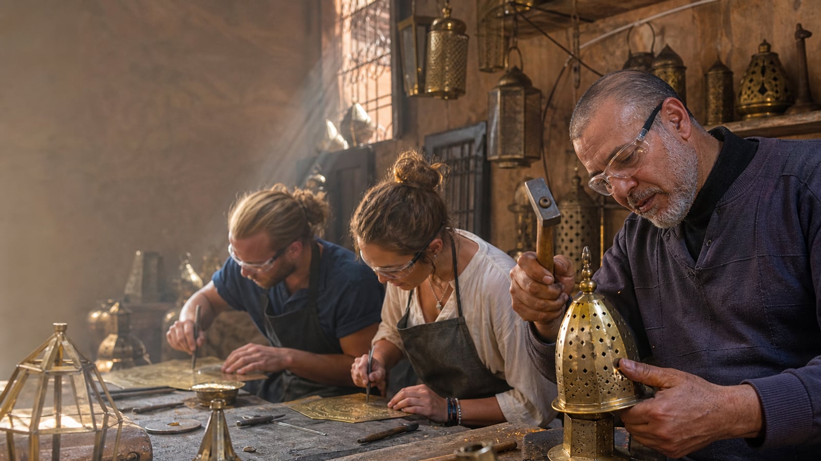 Travellers learning metal lantern craft with a Marrakech artisan