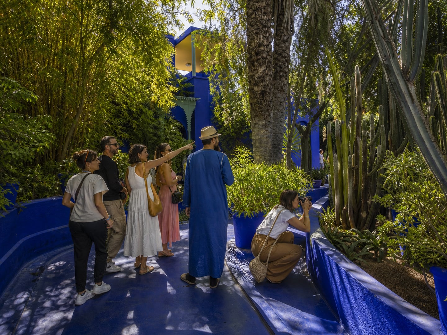 Travellers photographing cacti and cobalt architecture in a Marrakech garden
