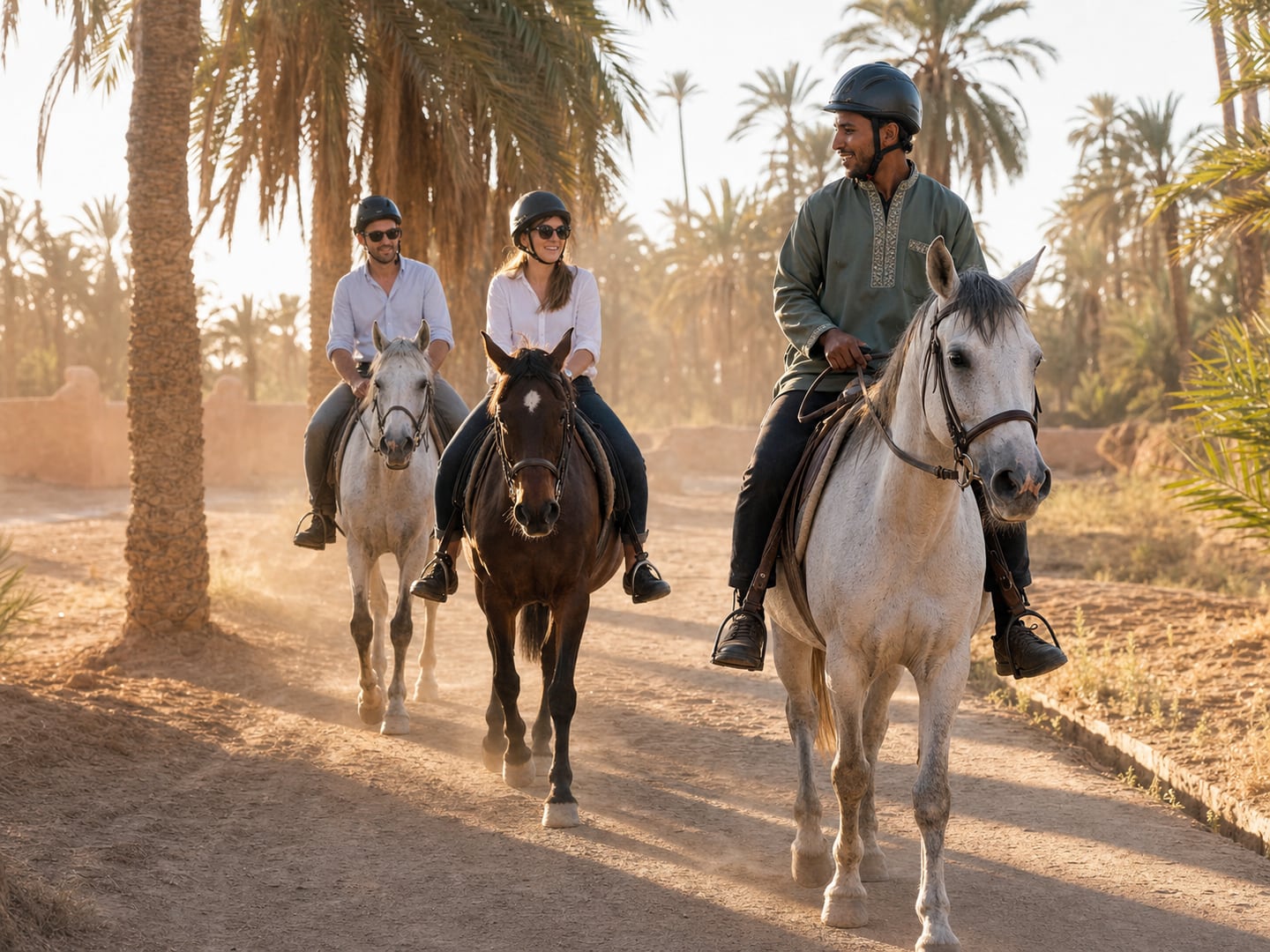 A local equestrian guide leading two helmeted riders through Marrakech's Palmeraie