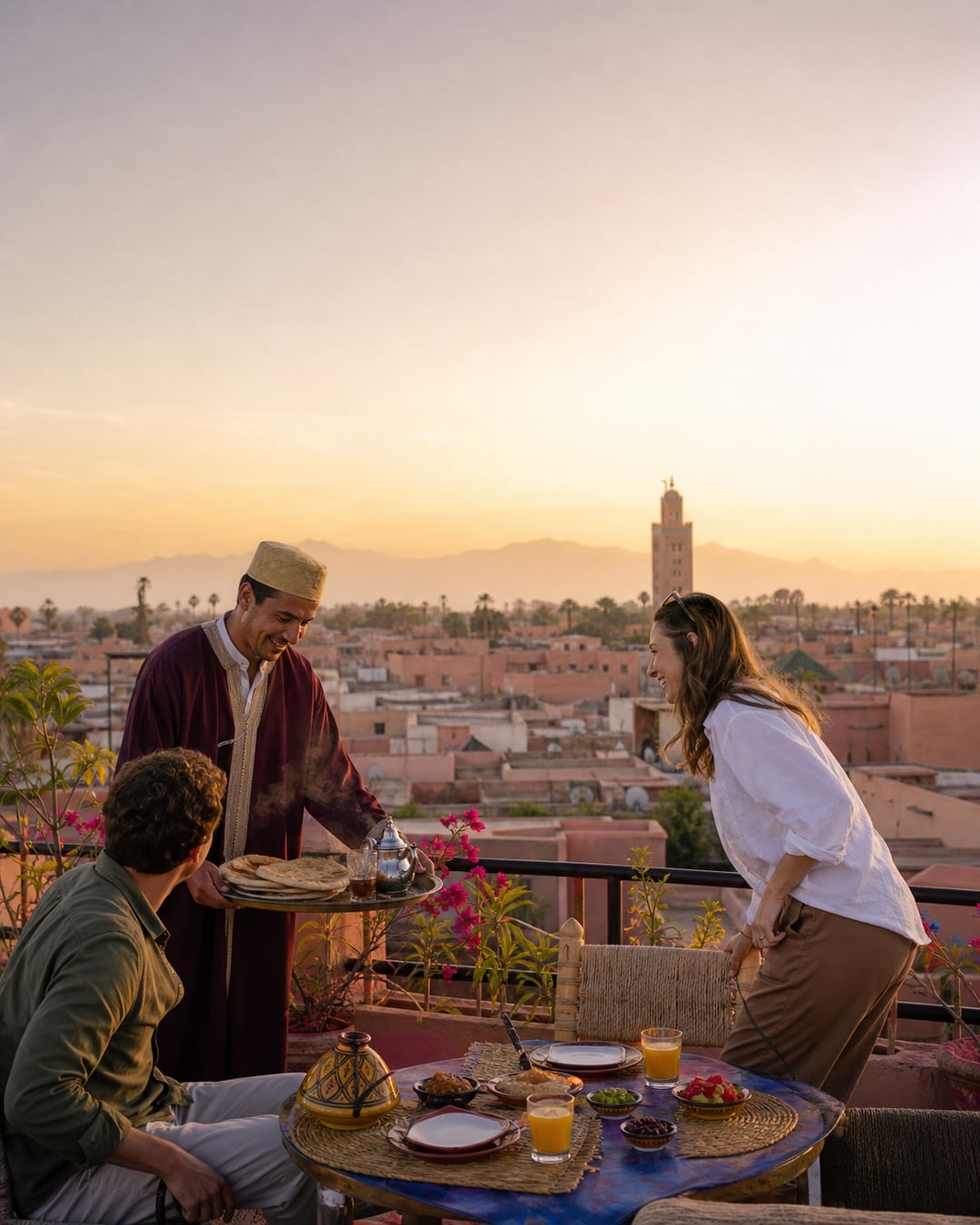 A Moroccan host serving fresh msemen at a Marrakech rooftop breakfast