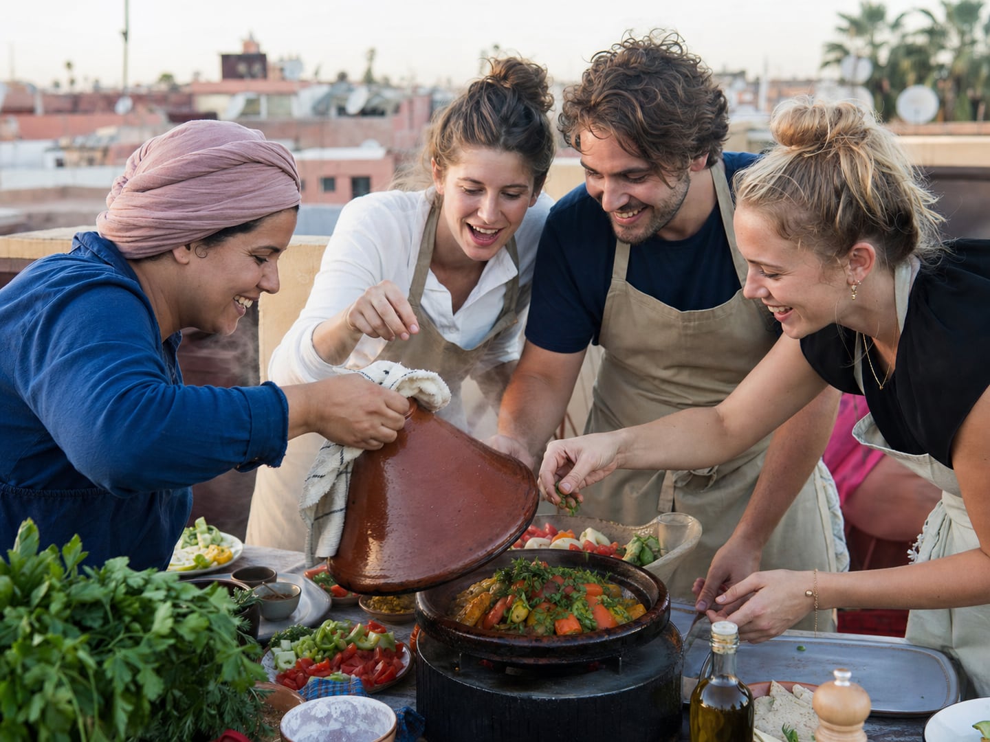 A Moroccan host and travellers lifting a steaming tagine together during a rooftop cooking class