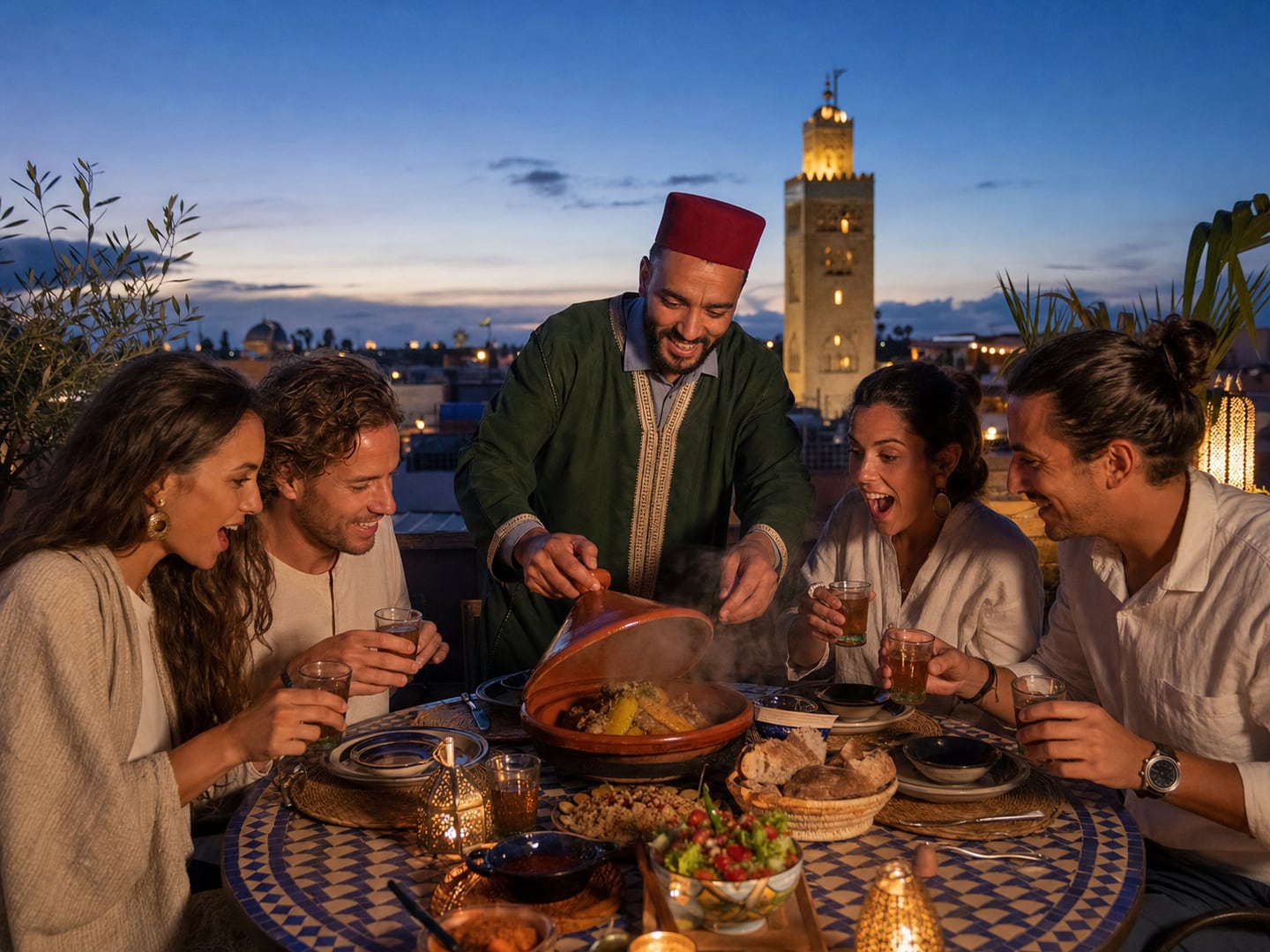 Friends sharing a tagine on a Marrakech rooftop at blue hour