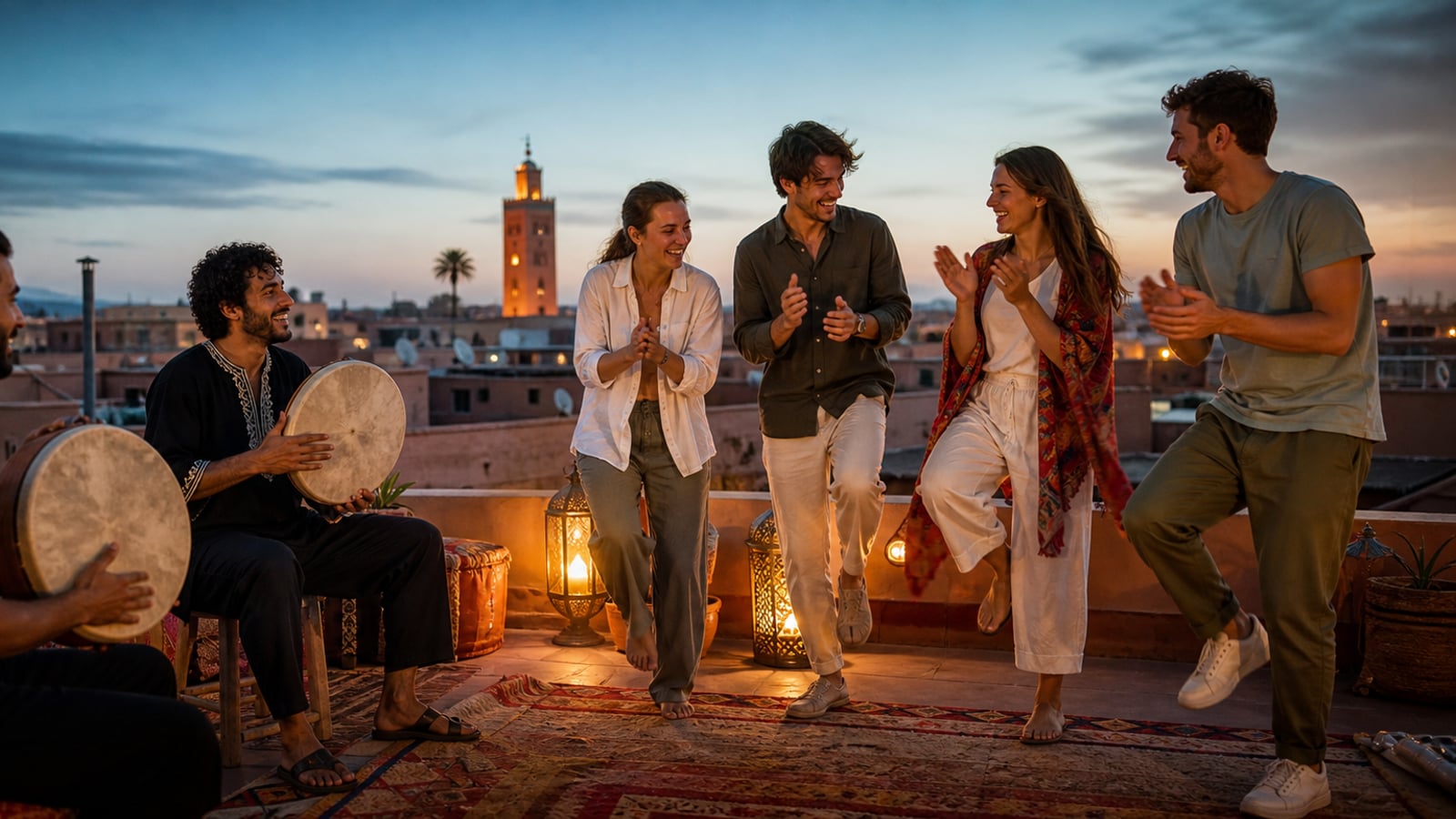 Travellers learning Moroccan percussion with musicians on a Marrakech rooftop