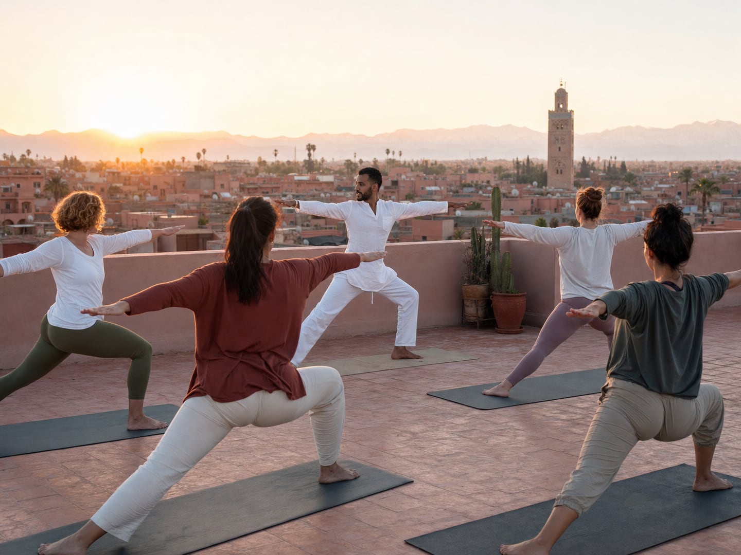 A sunrise rooftop yoga class above the Marrakech medina