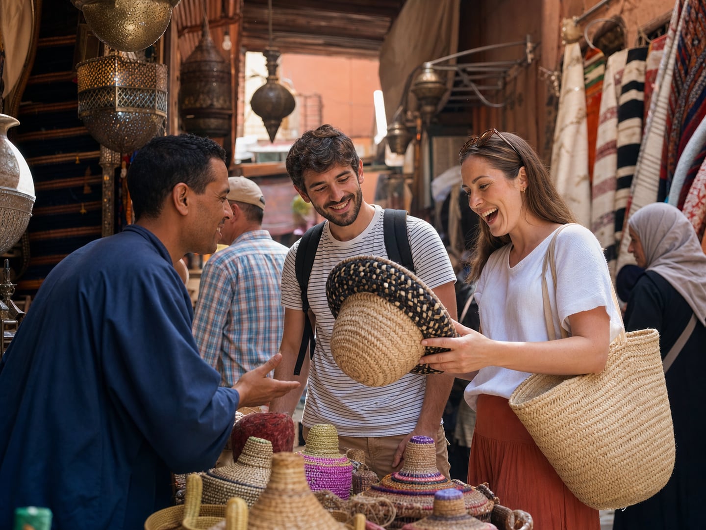 Travellers discovering woven baskets in a Marrakech souk