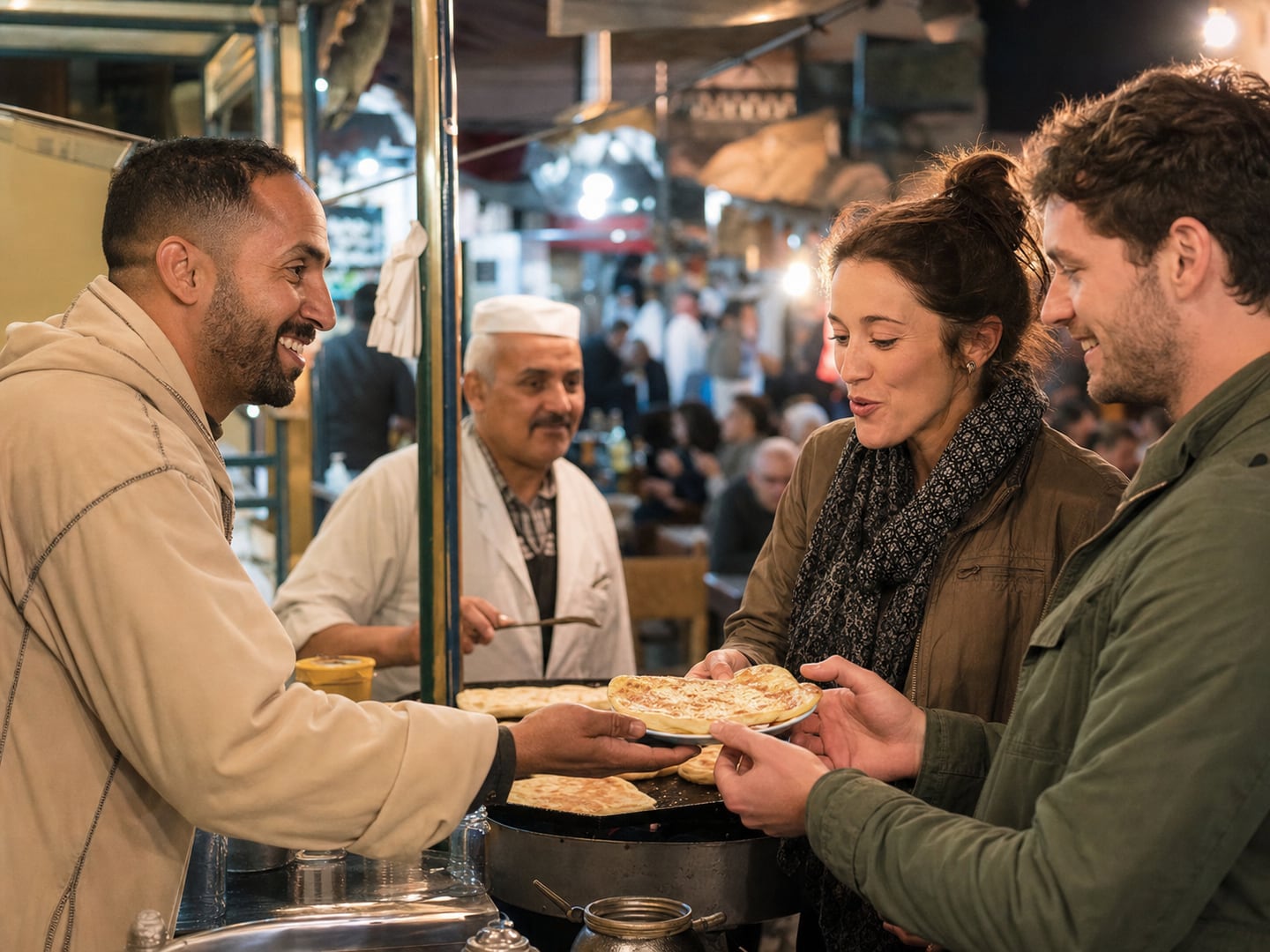Travellers tasting fresh msemen with a guide in the Marrakech medina