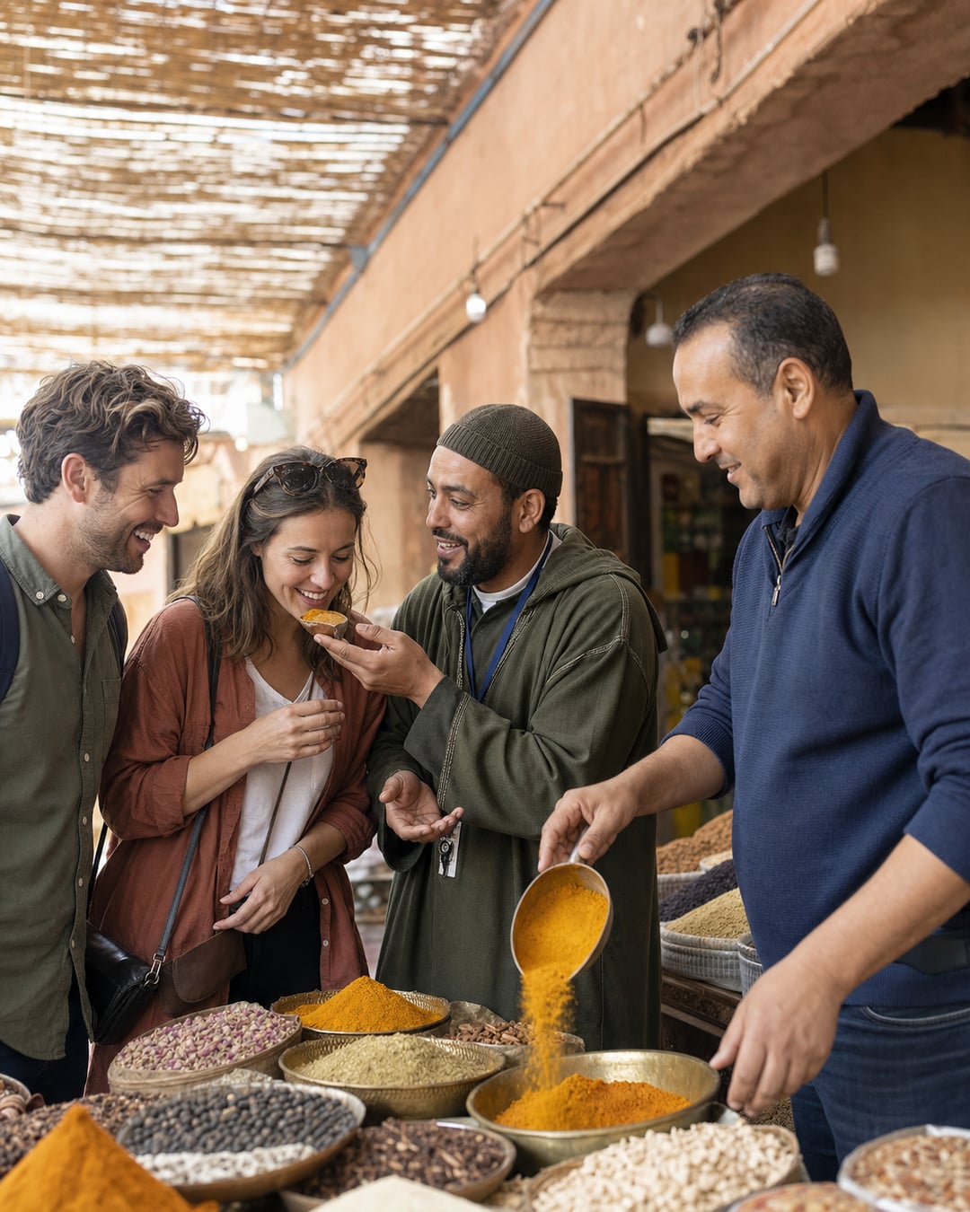 Travellers discovering ras el hanout with a guide in the Mellah