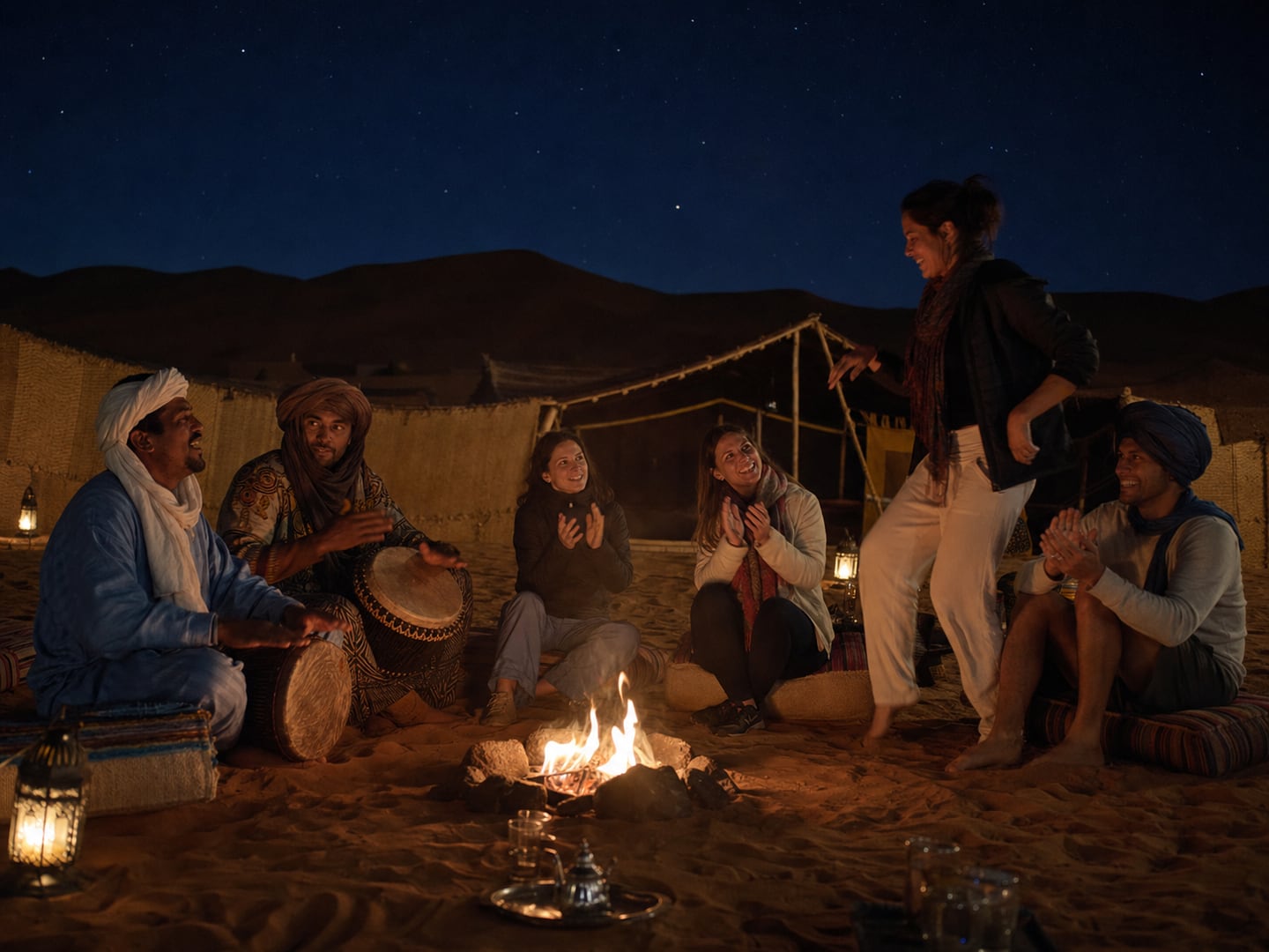 Travellers clapping and dancing with local musicians around a desert campfire