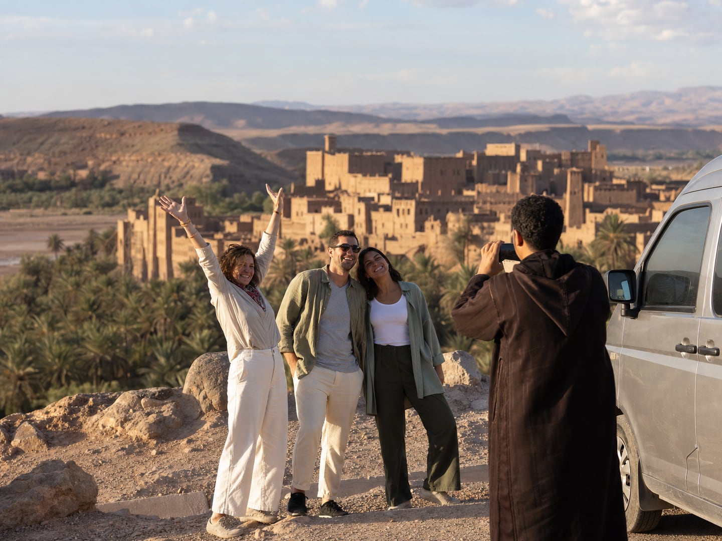 Travellers stopping beside a kasbah on the road south from Marrakech
