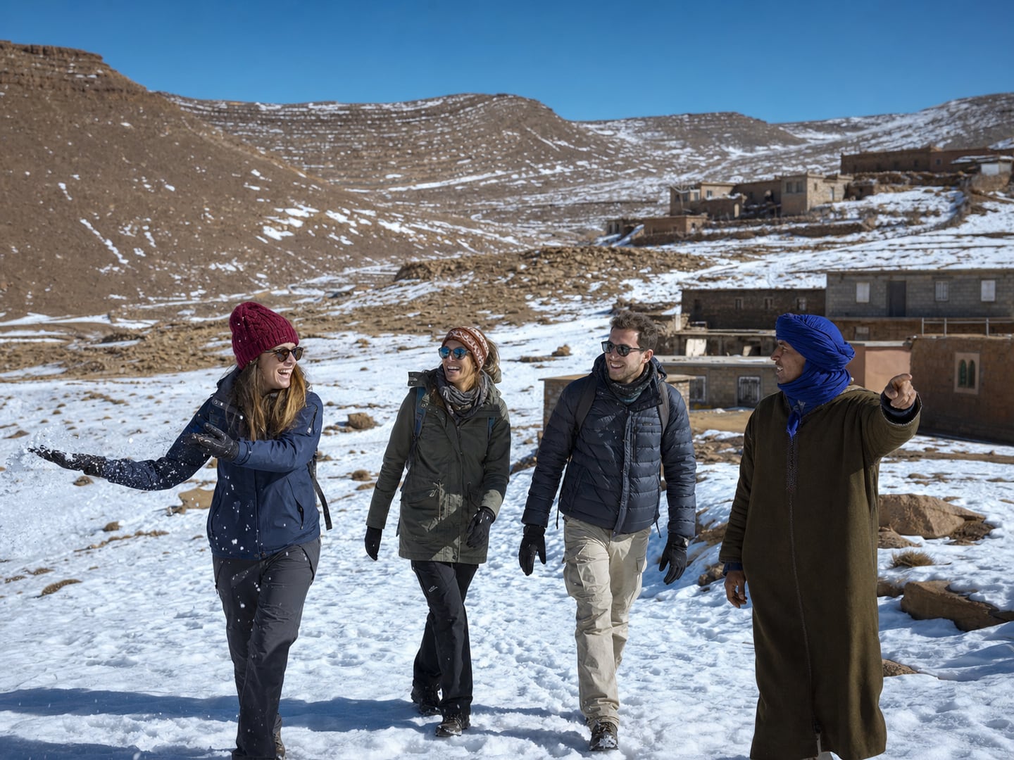 Travellers enjoying a winter walk on the Oukaimeden plateau