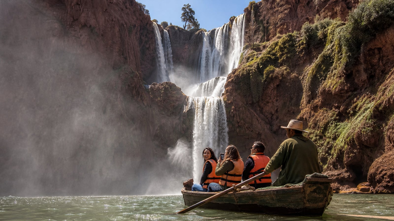 A small boat approaching the mist below Ouzoud Falls