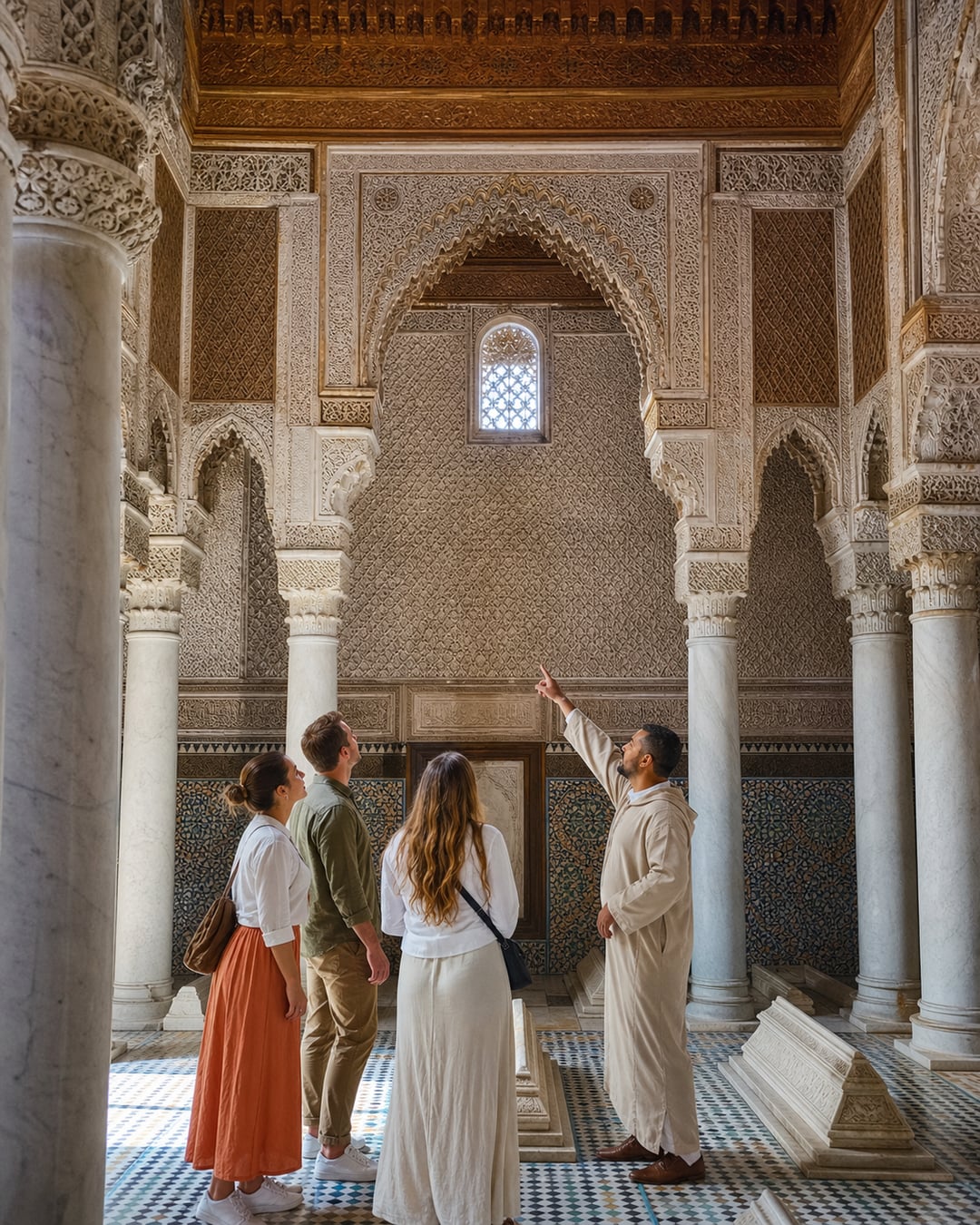A local guide explaining the carved architecture of the Saadian Tombs