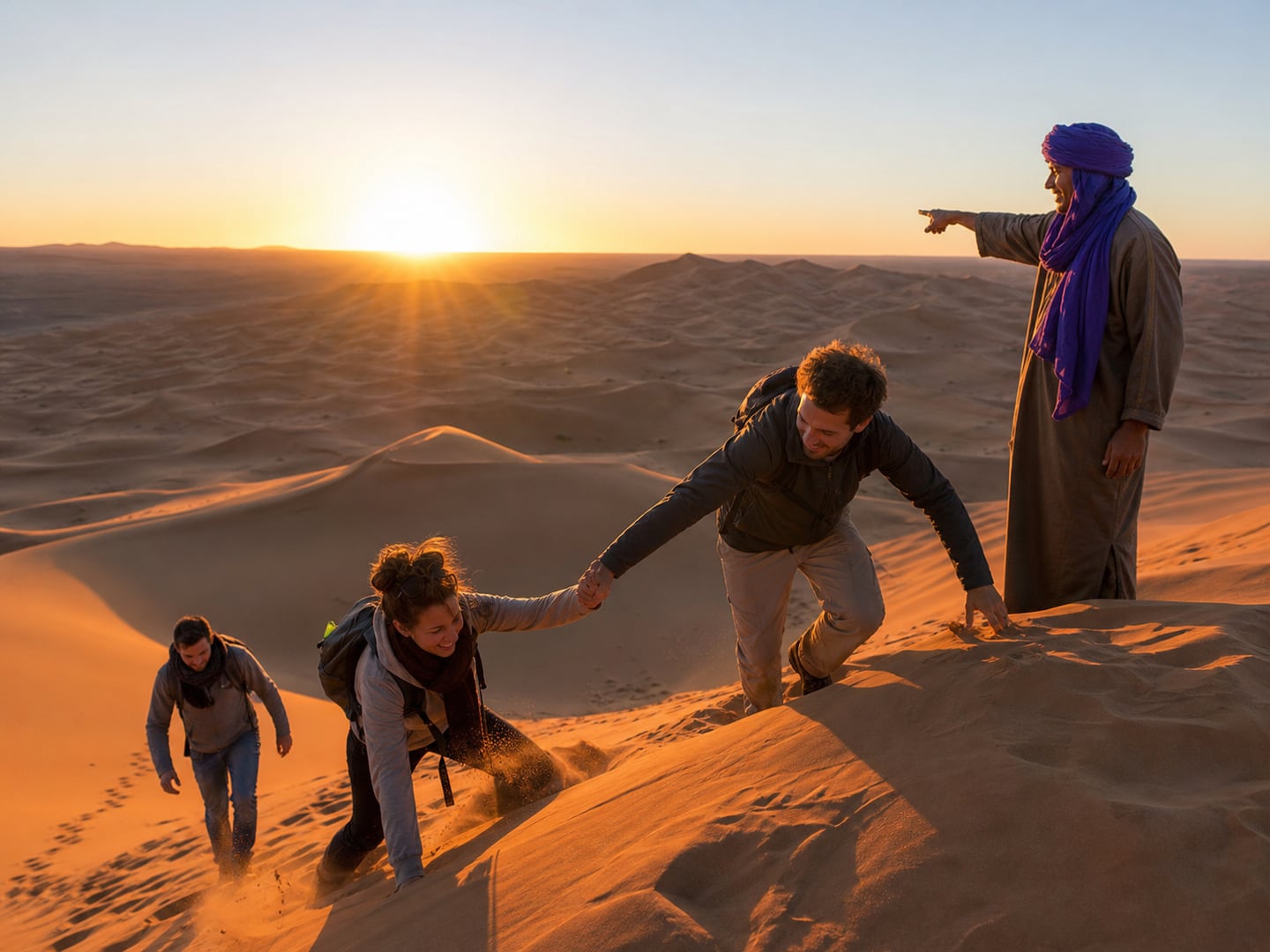 Travellers climbing an Erg Chebbi dune at sunrise