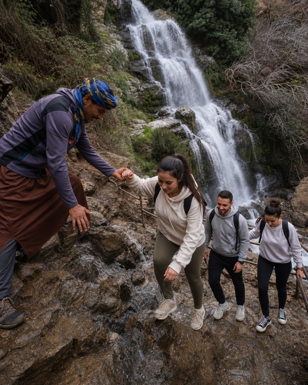 A local mountain guide helping travellers beside the Setti Fatma waterfalls