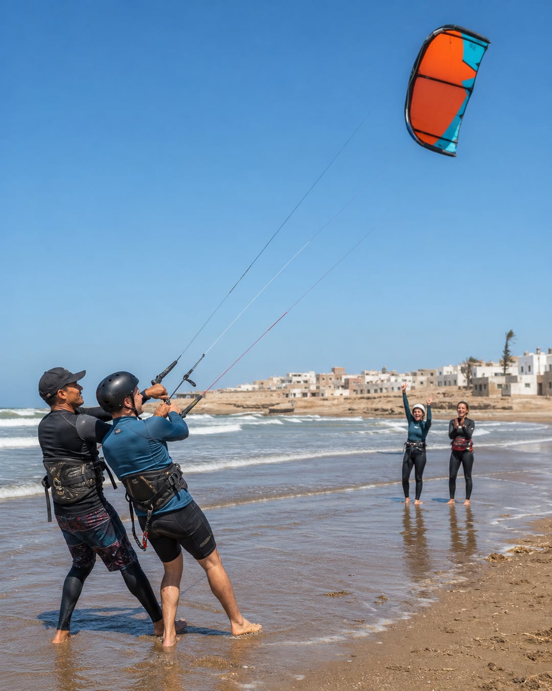 A helmeted beginner learning kite control with an instructor near Essaouira
