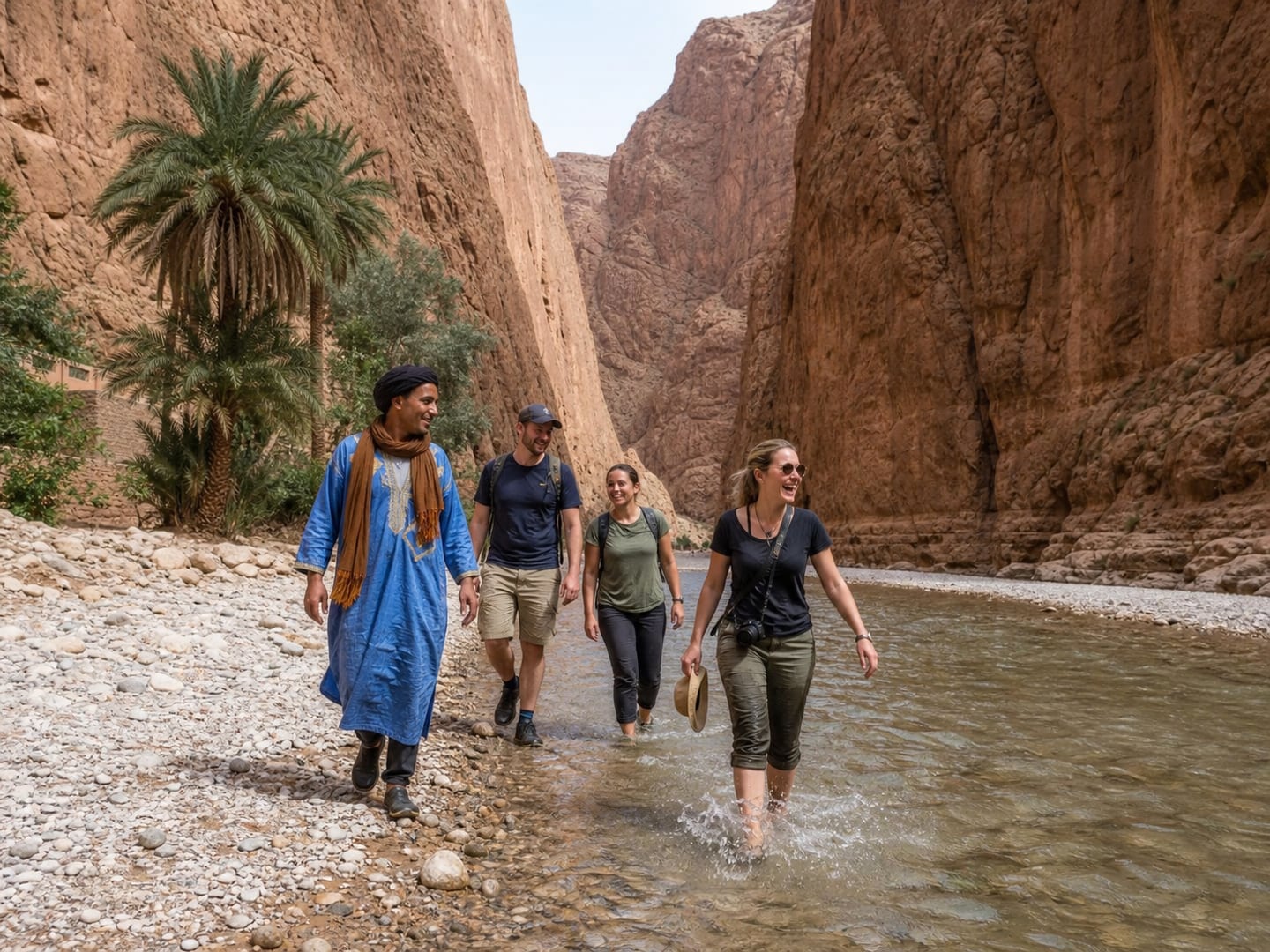 A guided group walking through Morocco's Todra Gorge