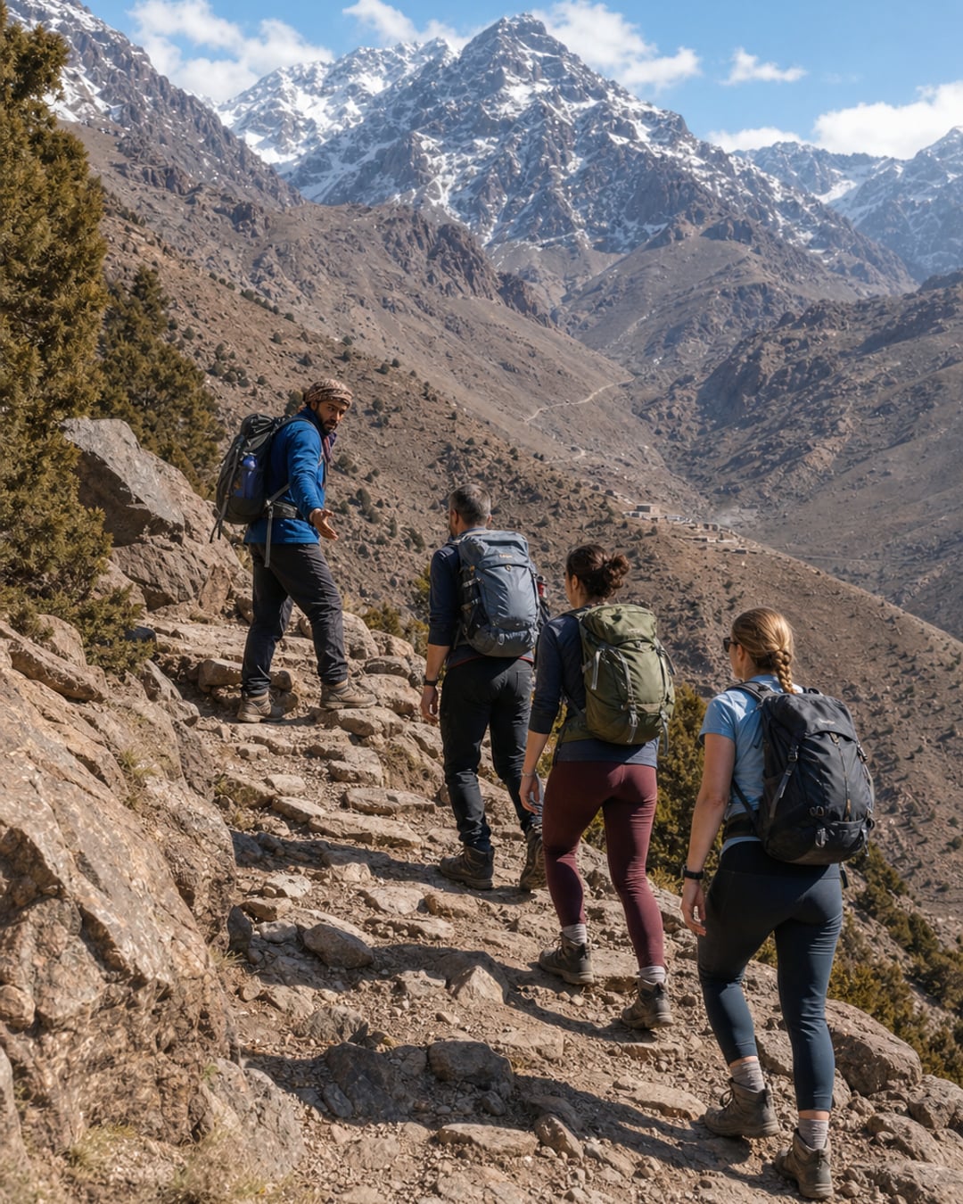 A local guide leading hikers toward Toubkal's snow-dusted peaks