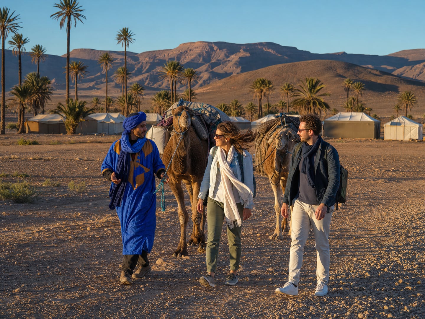 Travellers walking with dromedaries near a camp outside Zagora